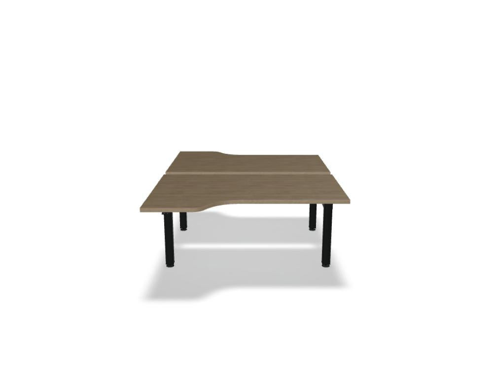 Doppelschreibtisch Ogi Drive Bench in Honigeiche mit schwarzem Metallgestell, zwei Teleskopsäulen und Bedienfeldern für Höhenverstellung.