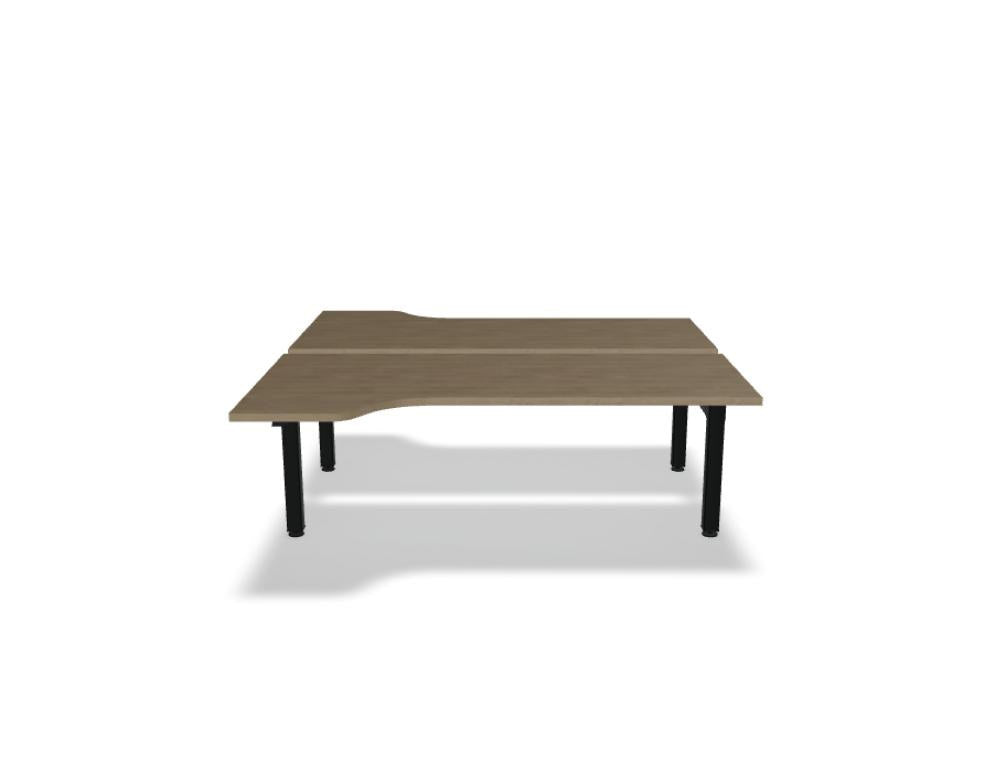 Doppelschreibtisch Ogi Drive Bench in Honigeiche mit schwarzem Metallgestell, zwei Teleskopsäulen und Bedienfeldern für Höhenverstellung.
