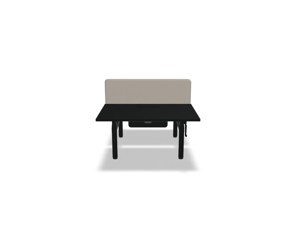 Doppelschreibtisch Ogi Drive Bench von Mdd mit Tischplatte in Honigeiche, schwarzem Metallgestell und seitlicher Kurbel zur Höhenverstellung.