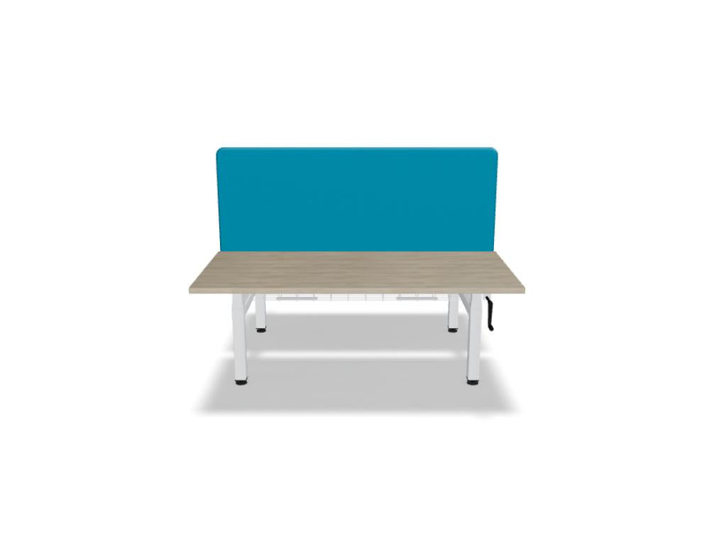 Doppelschreibtisch Ogi Drive Bench von Mdd mit Tischplatte in Honigeiche, schwarzem Metallgestell und seitlicher Kurbel zur Höhenverstellung.