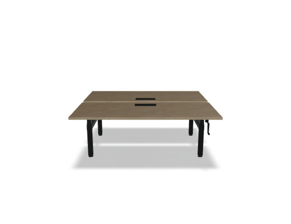 Doppelschreibtisch Ogi Drive Bench von Mdd mit Tischplatte in Honigeiche, schwarzem Metallgestell und seitlicher Kurbel zur Höhenverstellung.