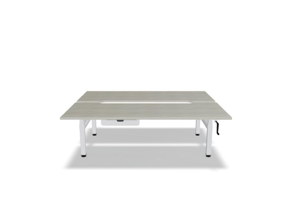 Doppelschreibtisch Ogi Drive Bench von Mdd mit Tischplatte in Honigeiche, schwarzem Metallgestell und seitlicher Kurbel zur Höhenverstellung.