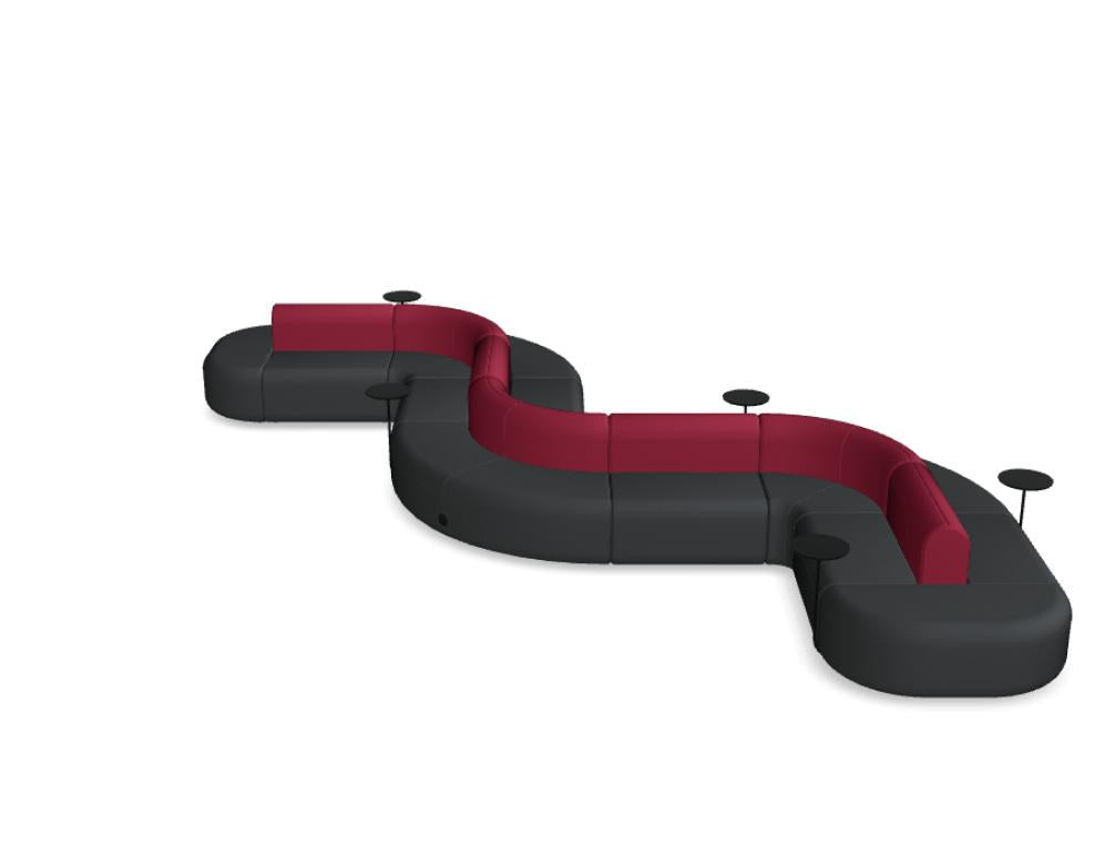 Doppelseitiges Sofa Artiko in Hellgrau mit gepolsterter Sitzfläche und Rückenlehne, Gestell aus Metall und MDF-Platte.