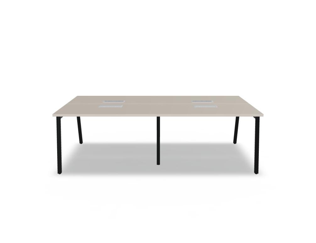 Doppelschreibtisch Ogi M Bench von Mdd mit Melamin-Tischplatte in Honigeiche und schwarzem Metallgestell, für zwei Arbeitsplätze.