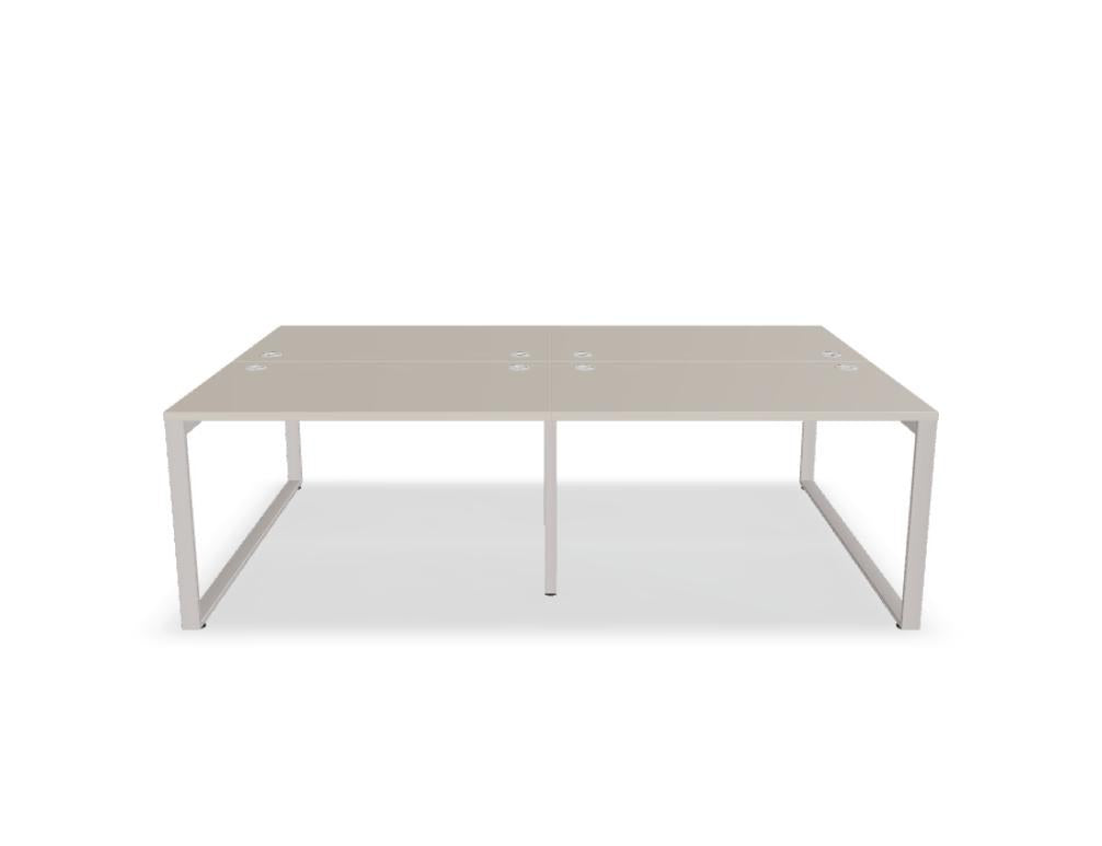 Doppelschreibtisch Ogi Q Bench mit Tischplatte in Honigeiche und schwarzem, pulverbeschichtetem Metallgestell, Ansicht von vorne.