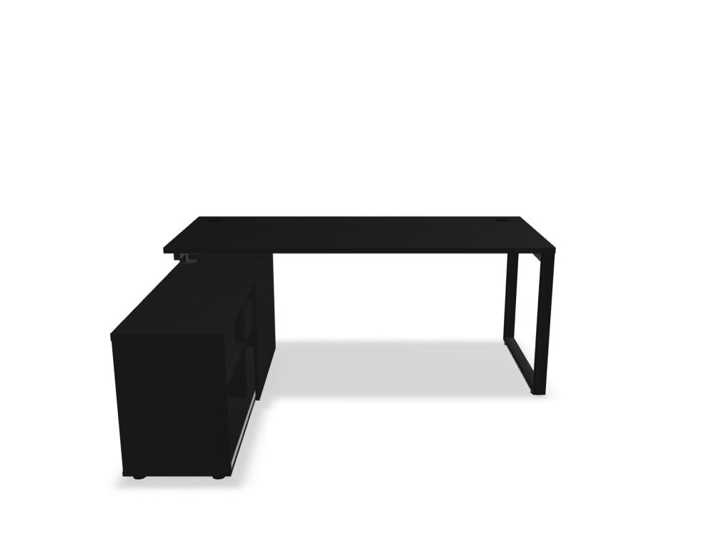 Bild zeigt den Ogi Q BOQL21 Schreibtisch mit integriertem Schrank, helles Holzfinish, stilvolles Design, praktische Arbeitsfläche und Stauraum