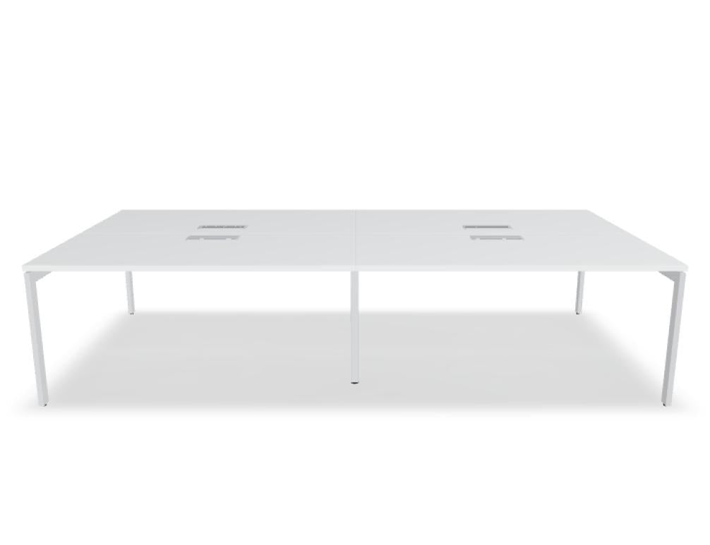 Doppelschreibtisch Ogi U Bench von Mdd mit Melaminplatte in Honigeiche und schwarzem Metallgestell, für zwei Arbeitsplätze.