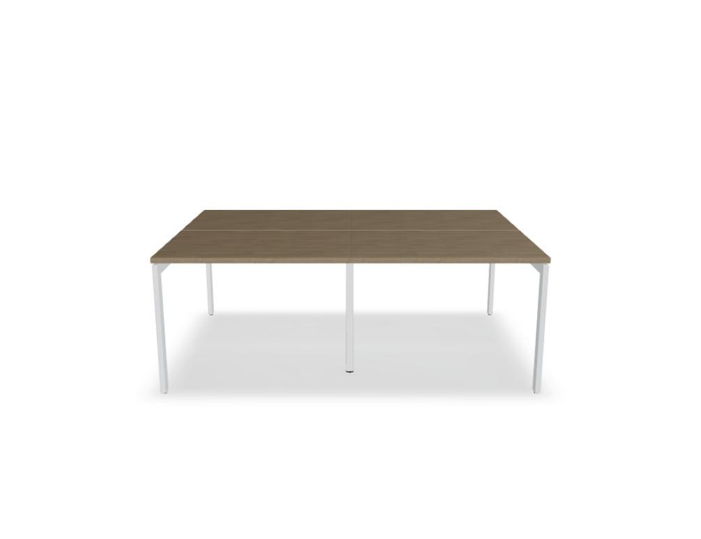 Doppelschreibtisch Ogi U Bench von Mdd mit Melaminplatte in Honigeiche und schwarzem Metallgestell, für zwei Arbeitsplätze.