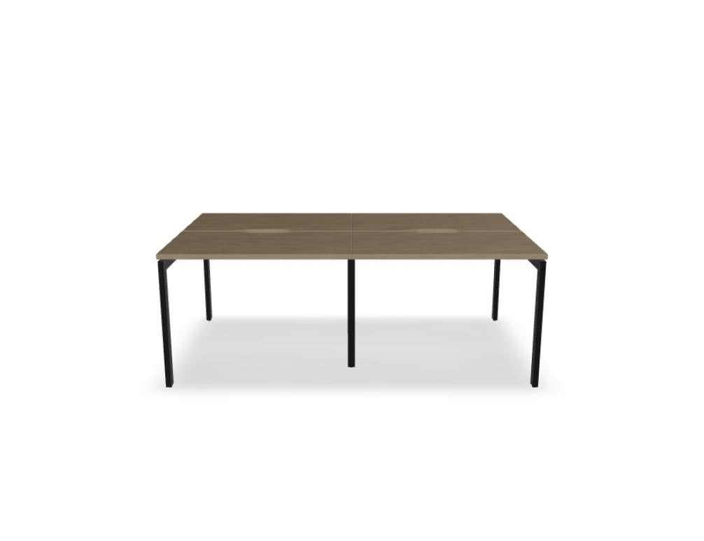 Doppelschreibtisch Ogi U Bench von Mdd mit Melaminplatte in Honigeiche und schwarzem Metallgestell, für zwei Arbeitsplätze.