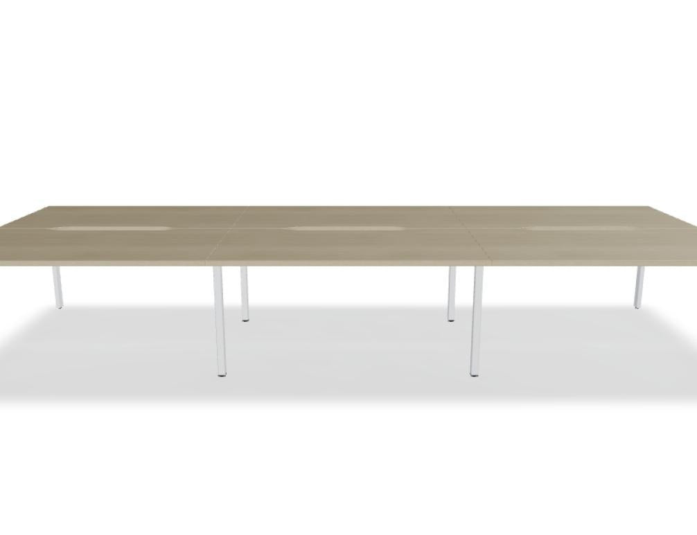 Doppelschreibtisch Ogi U Bench von Mdd mit Melaminplatte in Honigeiche und schwarzem Metallgestell, für zwei Arbeitsplätze.