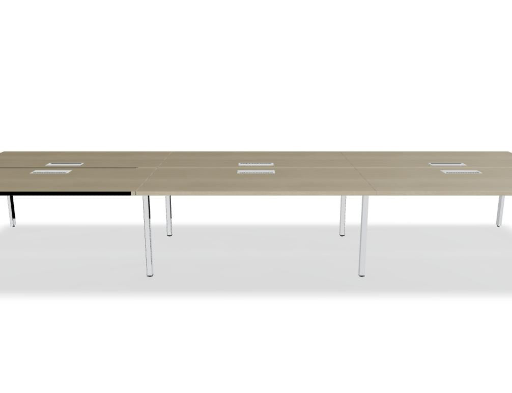 Doppelschreibtisch Ogi U Bench von Mdd mit Melaminplatte in Honigeiche und schwarzem Metallgestell, für zwei Arbeitsplätze.