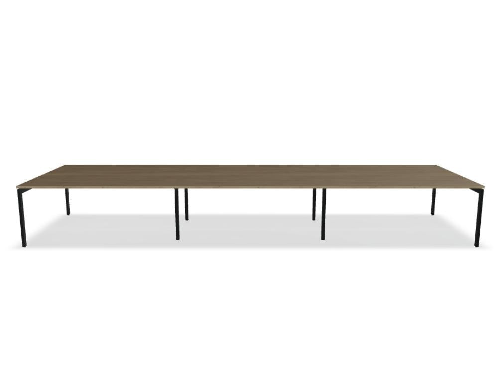 Doppelschreibtisch Ogi U Bench von Mdd mit Melaminplatte in Honigeiche und schwarzem Metallgestell, für zwei Arbeitsplätze.