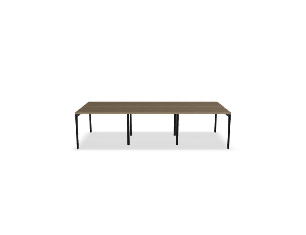 Doppelschreibtisch Ogi U Bench von Mdd mit Melaminplatte in Honigeiche und schwarzem Metallgestell, für zwei Arbeitsplätze.