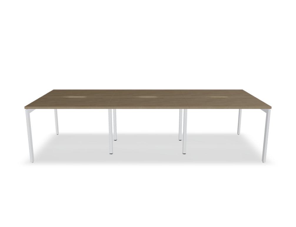 Doppelschreibtisch Ogi U Bench von Mdd mit Melaminplatte in Honigeiche und schwarzem Metallgestell, für zwei Arbeitsplätze.