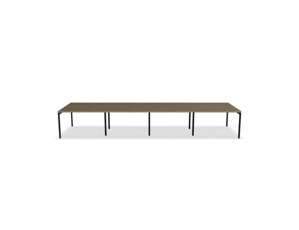 Doppelschreibtisch Ogi U Bench von Mdd mit Melaminplatte in Honigeiche und schwarzem Metallgestell, für zwei Arbeitsplätze.