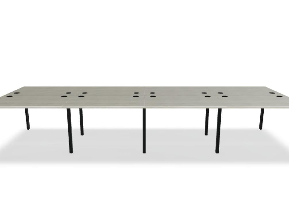 Doppelschreibtisch Ogi U Bench von Mdd mit Melaminplatte in Honigeiche und schwarzem Metallgestell, für zwei Arbeitsplätze.