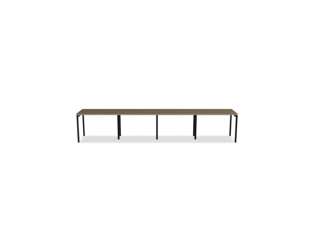 Schreibtisch Ogi U von Mdd mit Tischplatte in Honigeiche und pulverbeschichtetem, schwarzem Metallgestell im minimalistischen Design.