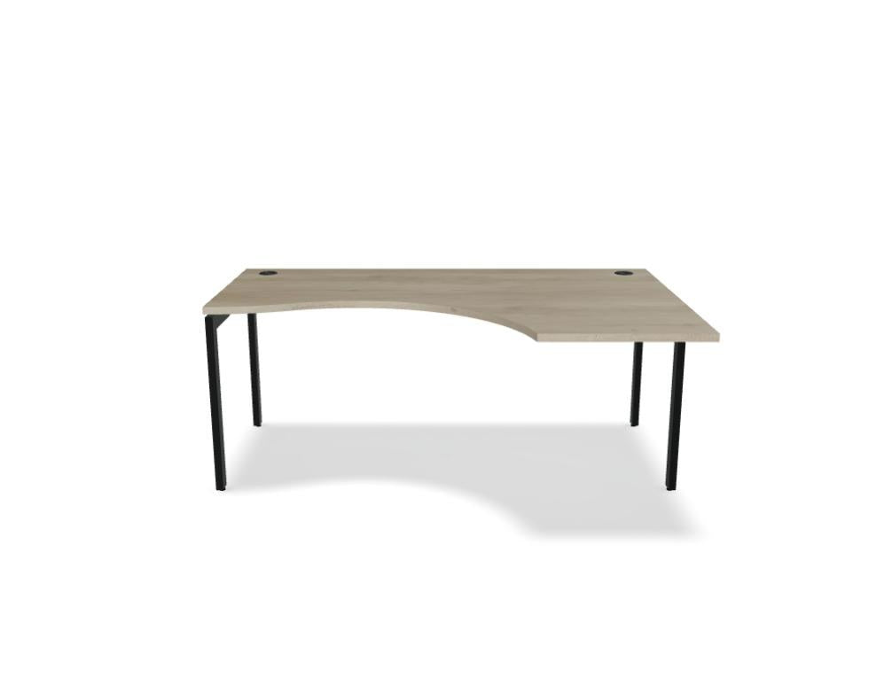 Schreibtisch Ogi U von Mdd mit Tischplatte in Honigeiche und pulverbeschichtetem, schwarzem Metallgestell im minimalistischen Design.