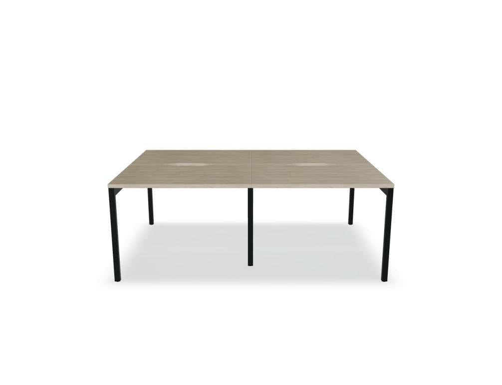 Doppelschreibtisch Ogi Y Bench von Mdd in Honigeiche mit schwarzem Metallgestell, Tischplatte für zwei Arbeitsplätze nebeneinander.