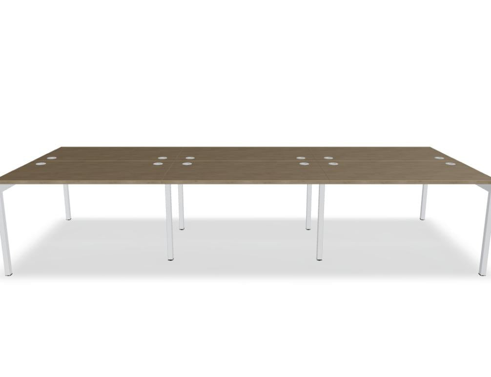 Doppelschreibtisch Ogi Y Bench von Mdd in Honigeiche mit schwarzem Metallgestell, Tischplatte für zwei Arbeitsplätze nebeneinander.