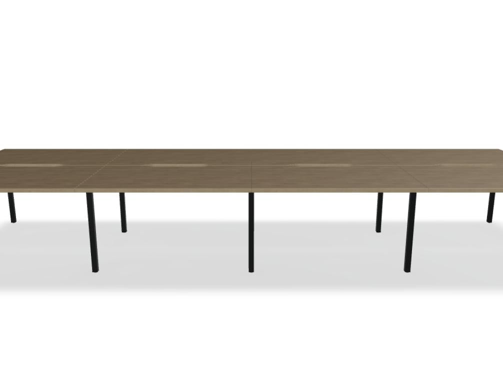Doppel-Schreibtisch Ogi Y Bench BOY32E4 in heller Holzoptik, modularer Arbeitsplatz mit Ablage gestützt von X-förmigen Beinen und großzügiger Arbeitsfläche