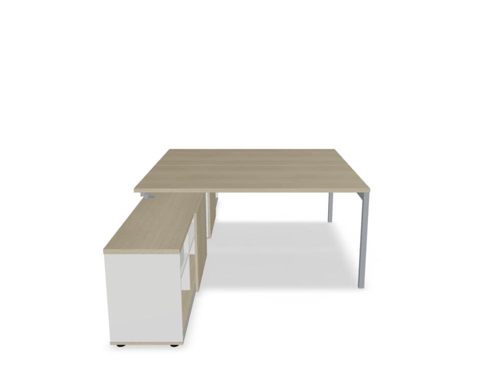 Doppelschreibtisch Ogi Y Bench von Mdd in Honigeiche mit schwarzem Metallgestell, Tischplatte für zwei Arbeitsplätze nebeneinander.