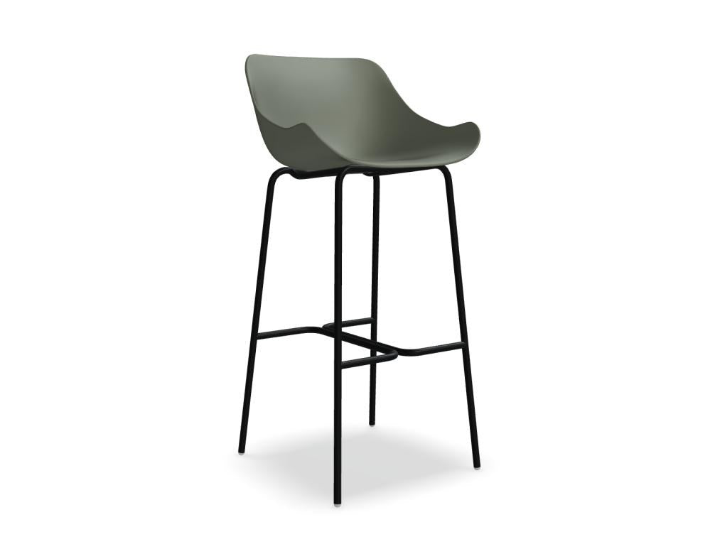 Olivgrüner Outdoor-Barstuhl Baltic Basic von Mdd mit Schalensitz aus Polypropylen und 4-Bein-Metallgestell aus pulverbeschichtetem Metall.