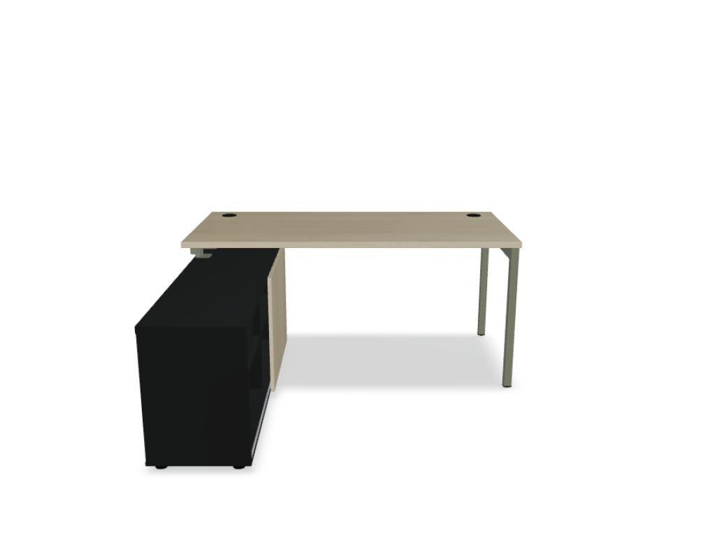 Schreibtisch Ogi Y mit Managerschrank in Honigeiche, Metallgestell schwarz halbmatt, Melaminplatte mit ABS-Umleimer, Massangaben 160x160x74 cm.