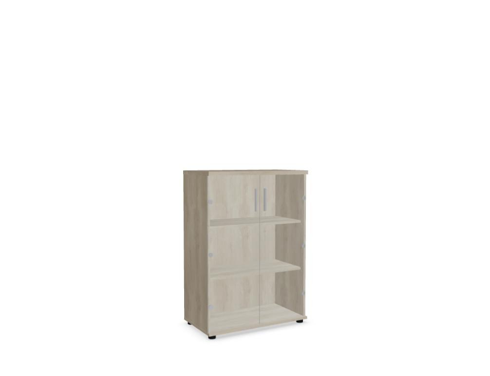 Vitrine Quando von Mdd mit Glastüren, Aluminiumrahmen, Korpus aus Melaminplatte in Kanadischer Eiche und Aluminiumgriffen.