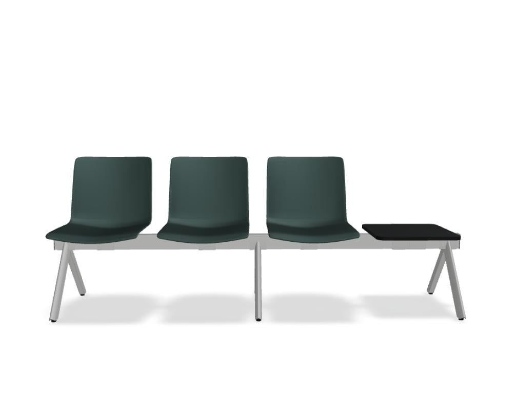 Sitzbank Shila von Mdd mit dunkelgrünem Polypropylen-Sitz, hellgrauem Metallgestell und verchromten Gelenkfüssen, ohne Armlehnen.