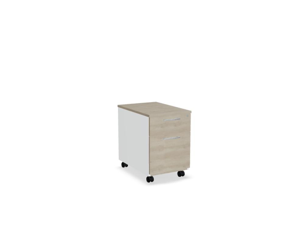 Rollcontainer der Standard-Serie von Mdd, Korpus und Oberplatte in Weiss Pastell, Front in Eiche Natur, mit Rollen und Aluminiumgriffen.