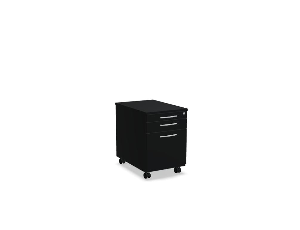 Rollcontainer der Standard-Serie von Mdd, Korpus und Oberplatte in Weiss Pastell, Front in Eiche Natur, mit Rollen und Aluminiumgriffen.