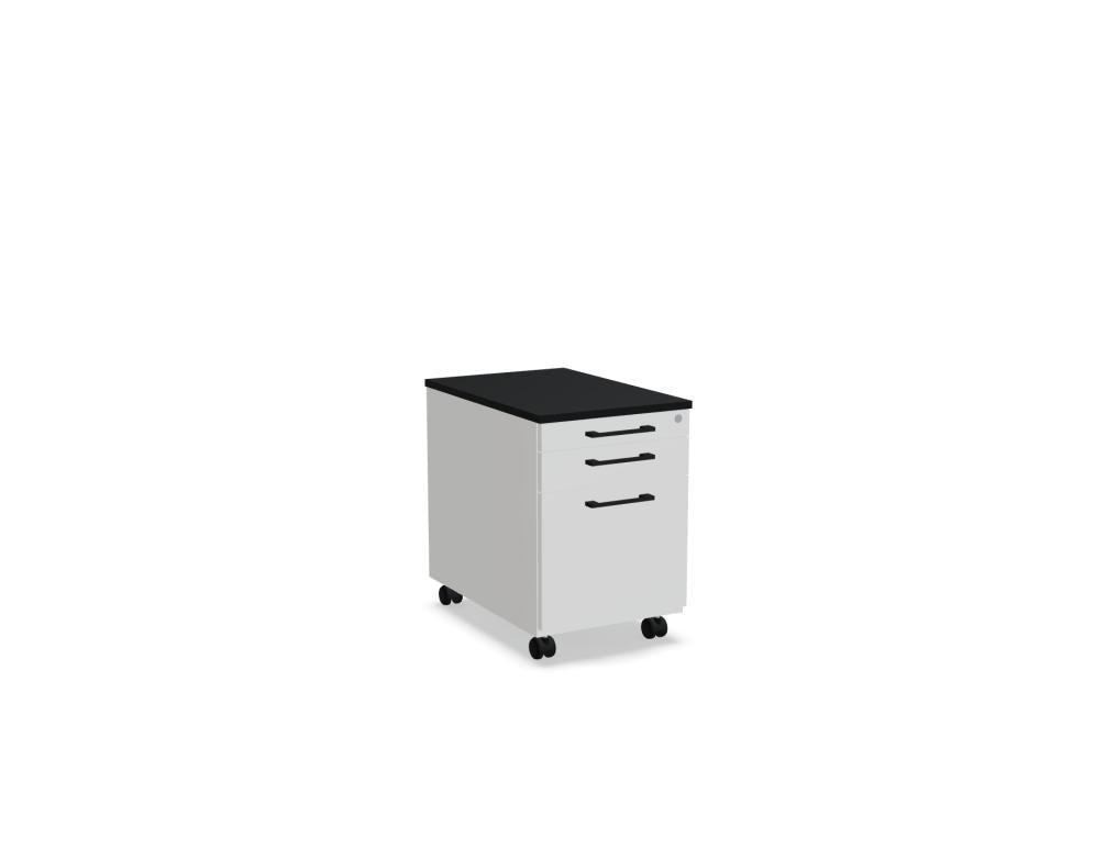 Rollcontainer Standard KRT12 von Mdd: kompakter, modularer Rollwagen aus Metall mit three drawers, schwarzer Rahmen und markanten Grifflöchern, ideal für Büro- und Arbeitsbereich