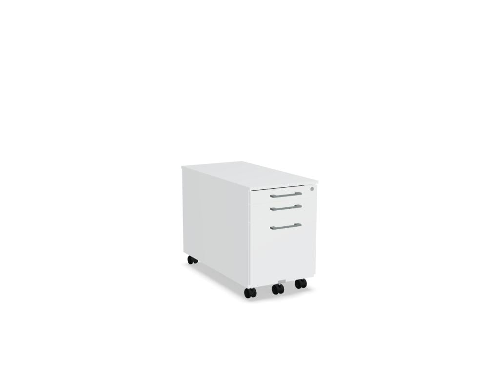 Bild eines modernen Standard KRT120 Rollcontainers von MDD; schwarzer Korpus, graue Fronten, drei Schubladen, robuste Rollen und kompakte Maße in einem hellen, professionellen Büro-Setting.