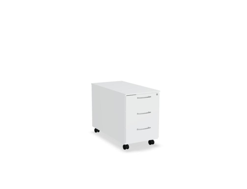 Rollcontainer der Standard-Serie von Mdd, Korpus und Oberplatte in Weiss Pastell, Front in Eiche Natur, mit Rollen und Aluminiumgriffen.