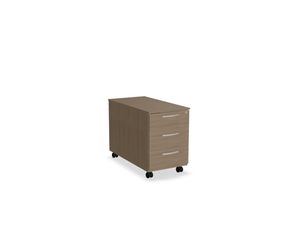 Bild eines Standard KDT130 Rollcontainers von MDD: moderner, kompakter Büro-Rollcontainer mit drei Schubladen, silbernem Metallrahmen und dunklem Holzton, auf Rollen für flexible Nutzung im Arbeitsbereich.