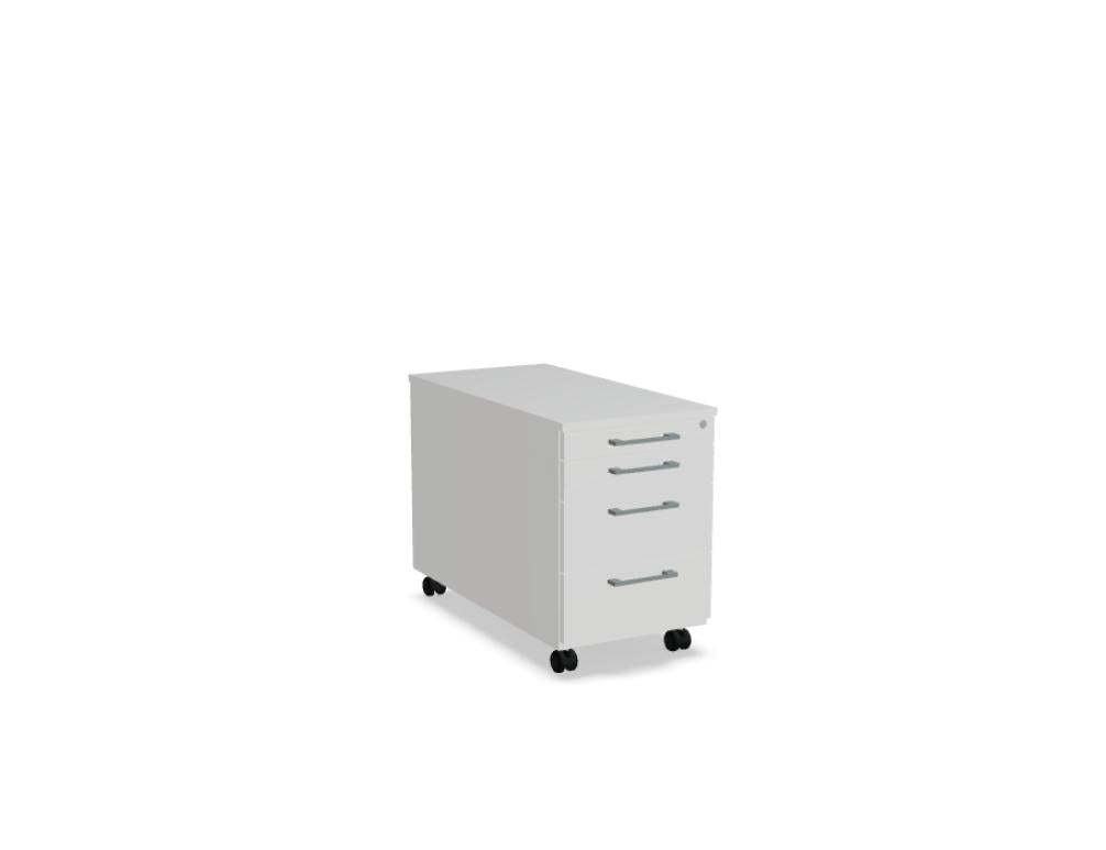 Bild eines modernen Standard KRT130 Rollcontainers von MDD; kompaktes Büromobiliar mit mehreren Schubladen, neutralem Finish und rollbaren Füßen, ideal für helles Arbeitsumfeld