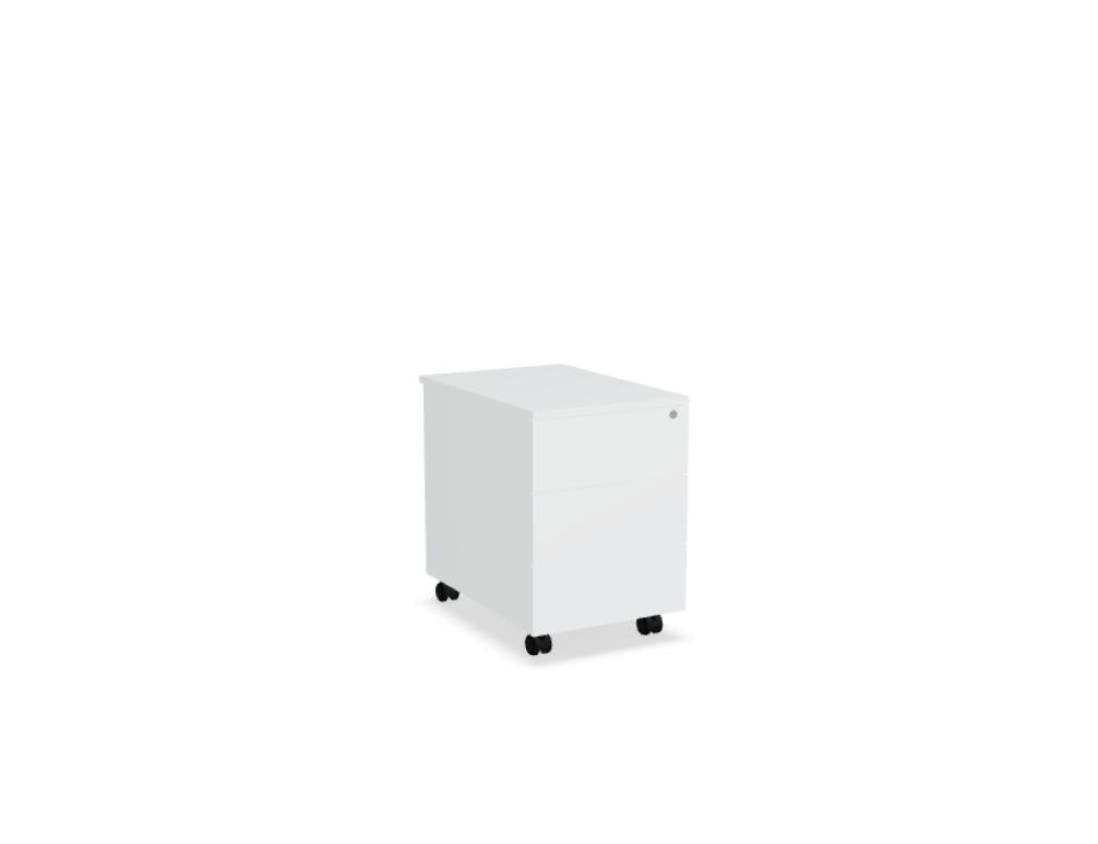 Rollcontainer der Standard-Serie von Mdd, Korpus und Oberplatte in Weiss Pastell, Front in Eiche Natur, mit Rollen und Aluminiumgriffen.