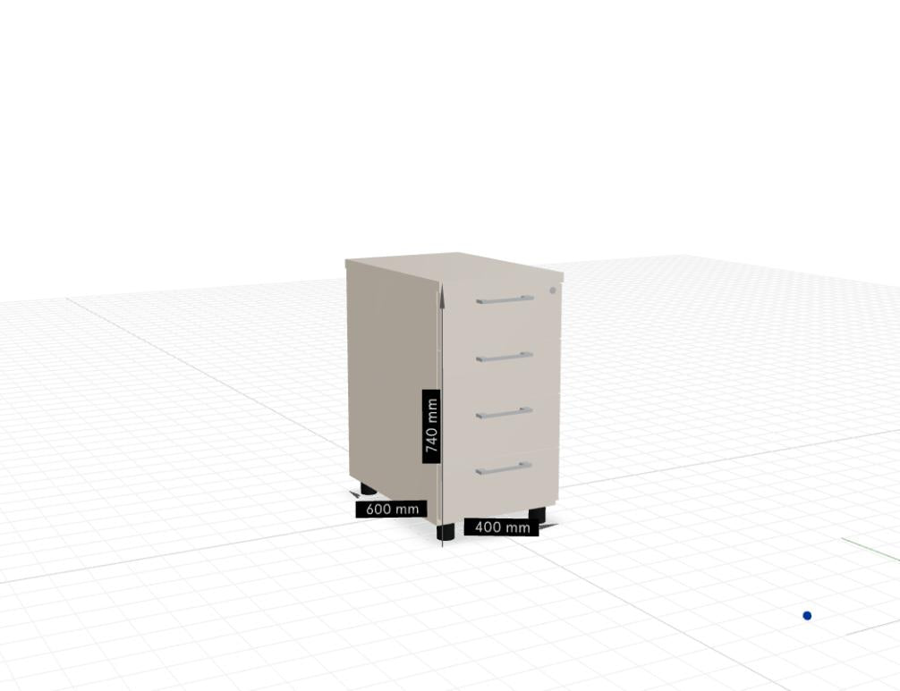 Bild zeigt den Standard KDT64 Standcontainer aus der Korpus-Reihe von MDD, kompakt und robust, mit geräumigem Innenfach und glänzender Frontplatte in neutralem Design.
