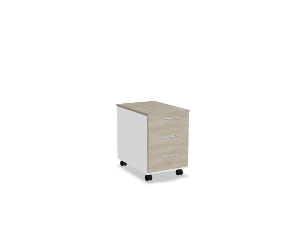 Schwarzer Rollcontainer Basic von Mdd aus Melaminplatte mit ABS-Umleimer, drei Schubladen, Aluminiumgriffen und Rollen mit Bremse.