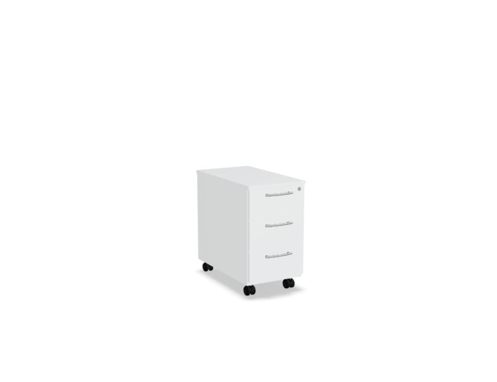 Schwarzer Rollcontainer Basic von Mdd aus Melaminplatte mit ABS-Umleimer, drei Schubladen, Aluminiumgriffen und Rollen mit Bremse.