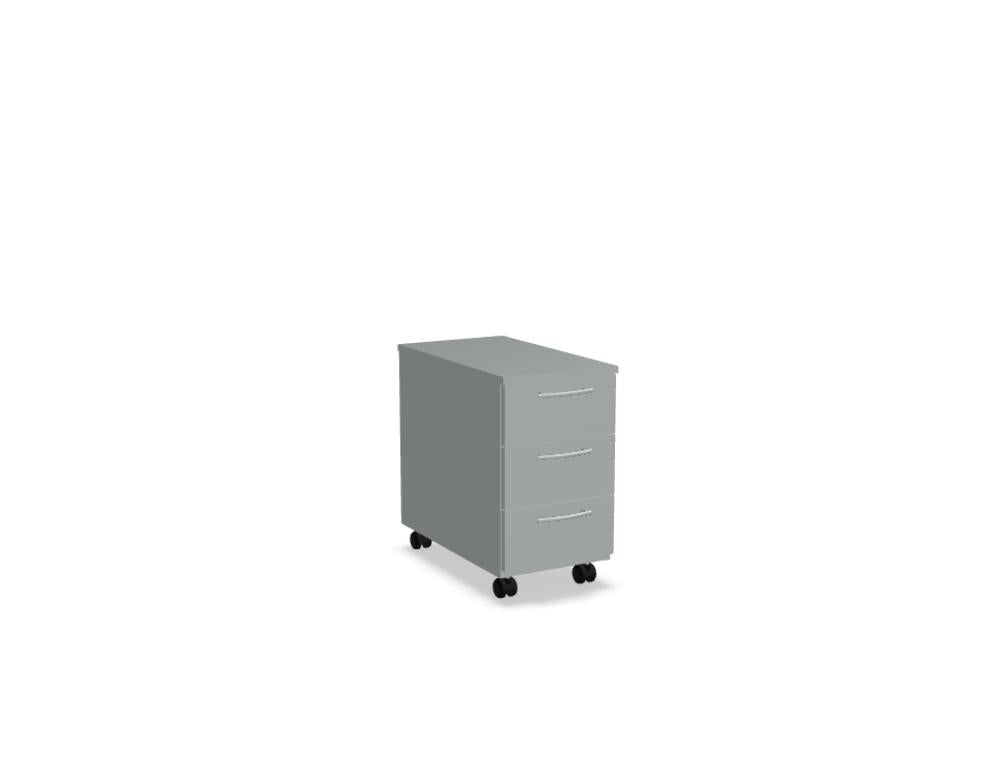 Bild eines Basic KKT130 Rollcontainers von Mdd: moderner, kompakter Rollcontainer mit drei Schubladen, silbergraues Metallgehäuse, leicht laufende Rollen und Griffleiste, ideal für Büro- oder Wohnbereich.
