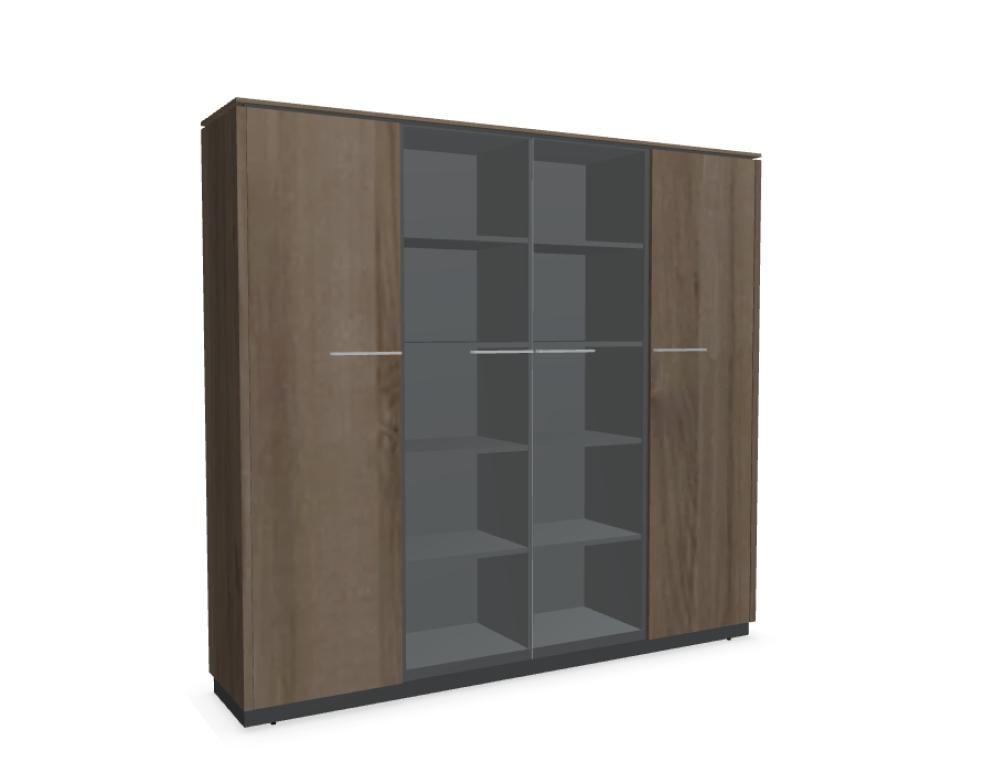 Vitrine Status von Mdd in Anthrazit mit Glastür aus Klarhartglas, Aluminium-Griffen und Korpus aus Melaminplatte, seitliche Ansicht.