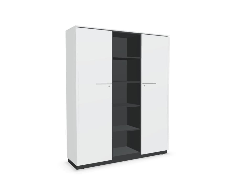 Halbregal der Serie Status von Mdd in Anthrazit mit offenen Fachböden, geschlossenem Schrankteil und Aluminiumgriffen als Standregal.