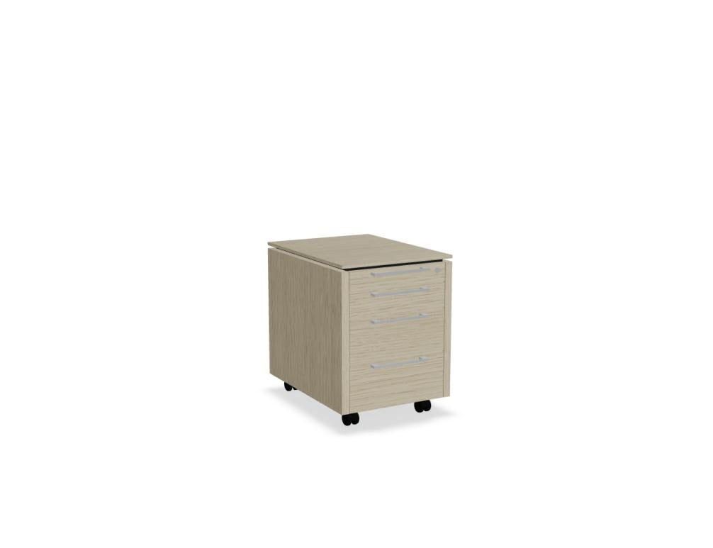 Bild zeigt einen modernen Bürocontainer Status XKD13 aus der Korpus-Kategorie von MDD, gefertigt in neutraler Holzoptik mit eleganten Fronten und Metallgriffen, ideal für zeitgemäße Bürolösungen.