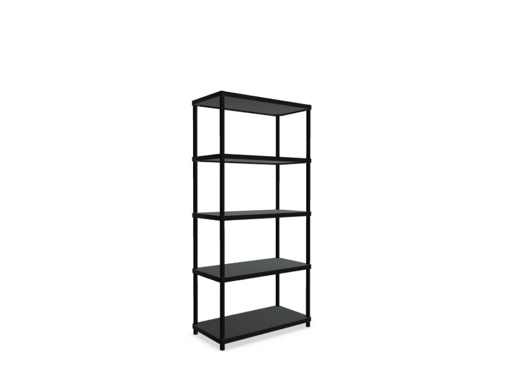 Stilt SIR4 Regal: modernes, offenes Standregal aus massiver Holzplatte mit schwarzem Metallrahmen, stapelbar, vielseitig als Raumtrenner nutzbar, kompakte Struktur