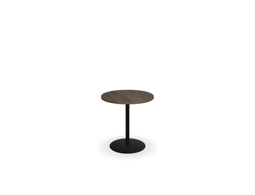 Runder Kaffeetisch Tack von Mdd mit Melaminplatte in Honigeiche und schwarzem Metallgestell mit Tellerfuss, Frontalansicht.