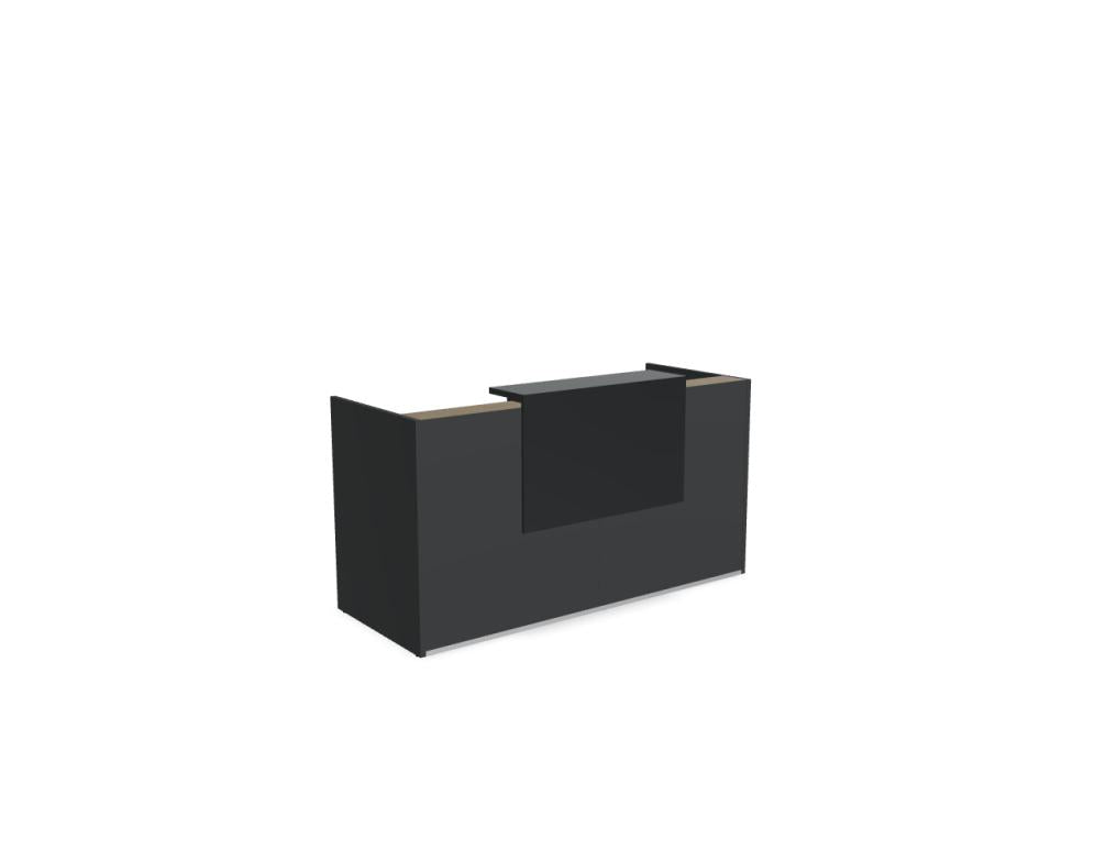 Modulare Empfangstheke MDD TRA18, rechteckige, weiße Oberfläche mit dunkler Front, schlankes Design, großzügige Arbeitsfläche und integrierte Kabeldurchführung