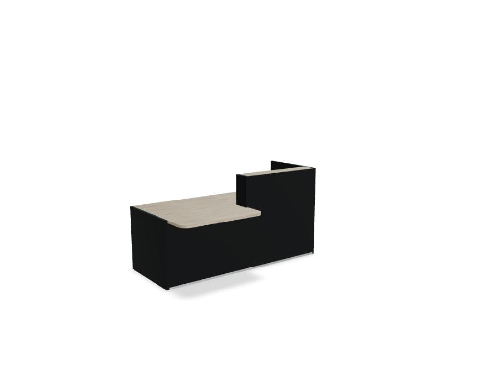 Modulare Empfangstheke TRA136L von MDD, elegantes, helles Desk-System mit schlanker Front und integrierten Ablageflächen für professionellen Empfangsbereich.