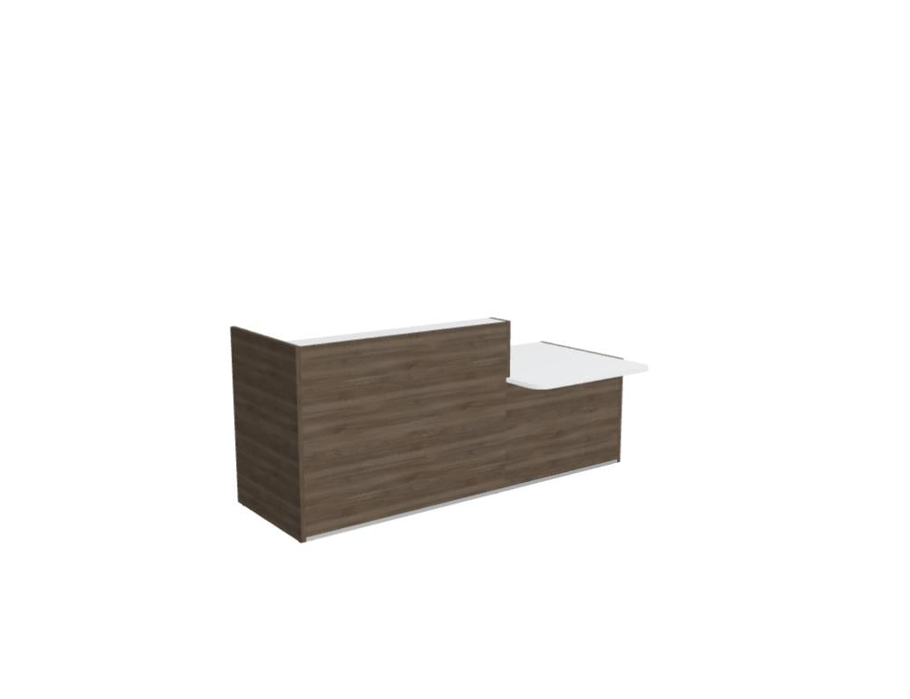 Modulare Empfangstheke TRA138P von Mdd in neutralem Holz- und Grau-Design, kompakt, flexibel erweiterbar, ideal für moderne Empfangsbereiche.